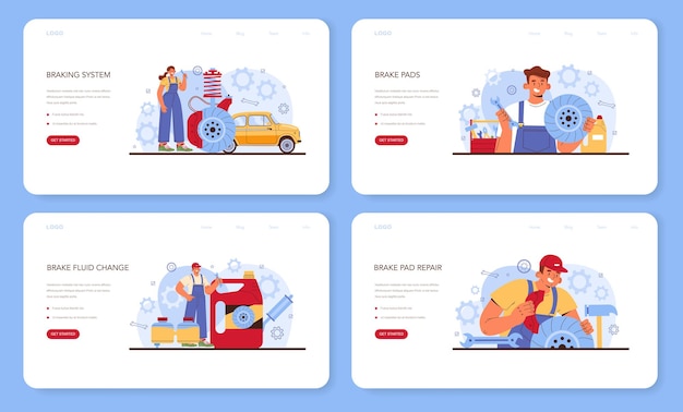 Banner de web de servicio de reparación de automóviles o conjunto de página de destino. Las pastillas de freno del automóvil se arreglaron en el taller de automóviles. El mecánico revisa el sistema de frenos de un vehículo. Diagnóstico completo del coche. Ilustración de vector plano.