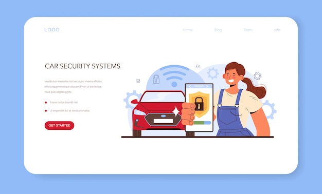 Banner de web de servicio de reparación de automóviles o página de destino. Los sistemas de seguridad del automóvil se arreglaron en el taller de automóviles. Mecánico en uniforme comprobar un equipo de seguridad del vehículo repararlo. Ilustración de vector plano.