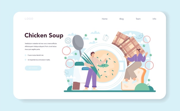 Banner de web de sopa de pollo o página de destino. Comida sabrosa y plato listo.