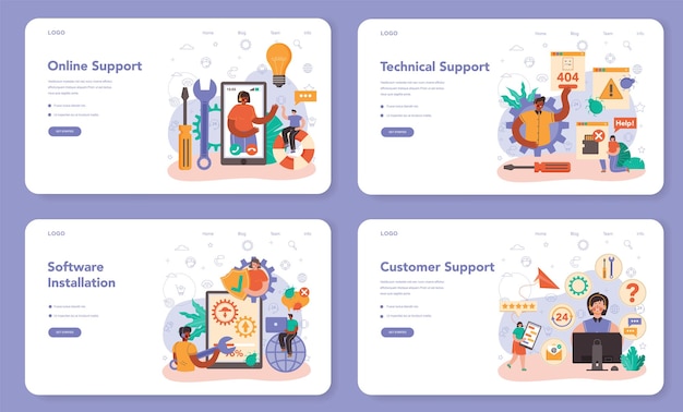 Banner web de soporte técnico o conjunto de página de destino. El consultor ayuda a un cliente con problemas técnicos, brindándole información de configuración. Solución de problemas. Ilustración vectorial plana