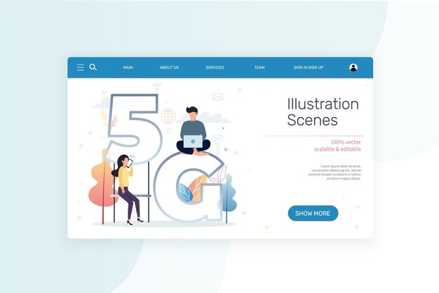 Banner web Tecnología de Internet 5G Un hombre trabaja en una computadora portátil La mujer está hablando por teléfono Vector