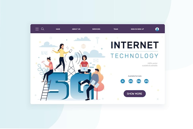 Banner web tecnología de internet 5g las personas con dispositivos están cerca de vector