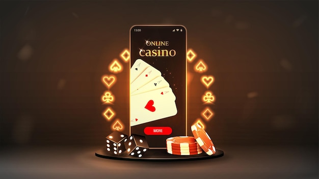 Un banner web con un teléfono inteligente con dados de cartas y fichas de póquer en un podio con un marco de neón Un concepto para un sitio web temático de casino