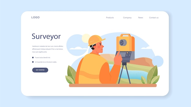 Banner web de topógrafo o página de destino. Tecnología de agrimensura, ciencia de la geodesia. Negocio de construcción, cartografía y proyecto inmobiliario. Equipo topográfico. Ilustración vectorial plana