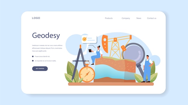 Banner web de topógrafo o página de destino. tecnología de agrimensura, ciencia de la geodesia. negocio de construcción, cartografía y proyecto inmobiliario. equipo topográfico. ilustración vectorial plana