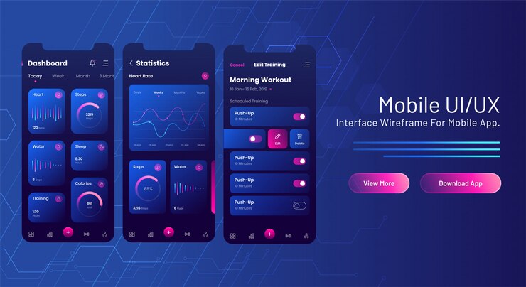 Vector banner web ui / ux móvil con pantalla de aplicación móvil de análisis en circuito azul.
