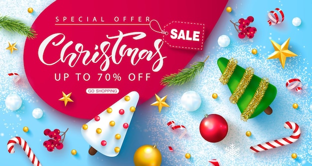Banner web de venta navideña Fondo navideño con bonitas bolas de árboles de NavidadRowans, streamers de nieve y estrellas doradas Ilustración vectorial para carteles de sitios web anuncios de cupones material promocional