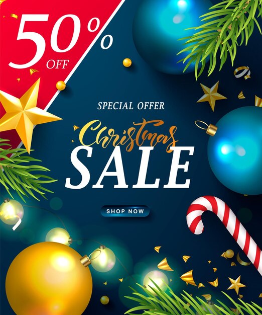 Banner web de venta navideña Fondo navideño con ramas de abeto realistas Bolas navideñas guarnición de dulces y confeti dorado Ilustración vectorial para carteles de sitio web cupones material promocional