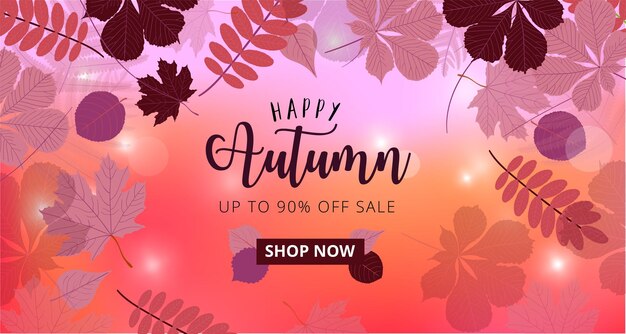 Banner de web de venta de otoño con hojas de otoño. Ilustración vectorial
