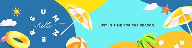 Banner web de verano vibras de playa tropical fondo con decoración de playa
