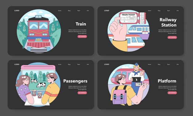 Banner web de viaje en tren o página de aterrizaje modo nocturno o oscuro configura personajes que viajan en tren