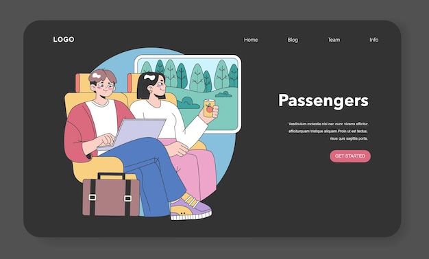 Banner web de viaje en tren o página de aterrizaje de personajes de modo nocturno o oscuro que viajan por pasajeros de tren