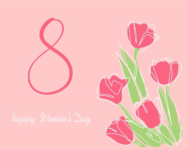 Bannerpostcard con Ilustración del Día Internacional de la Mujer en rosa con tulipanes y el número 8