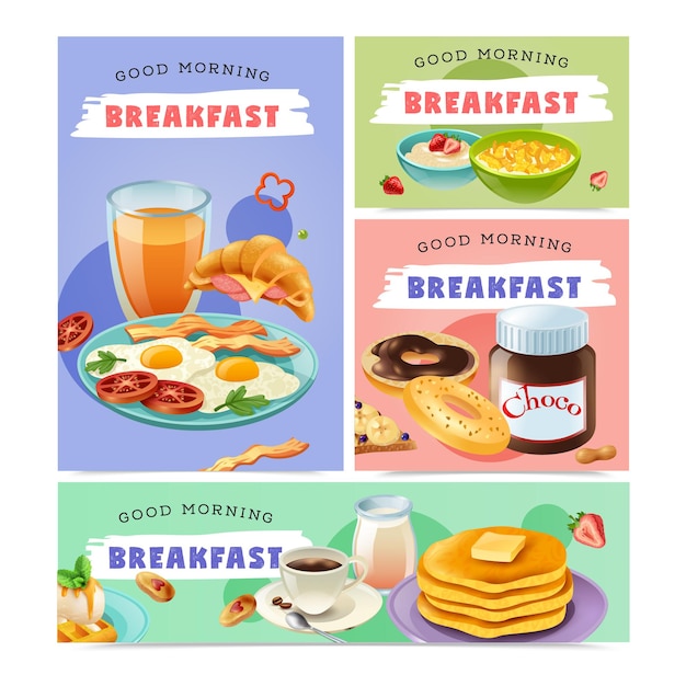 Banners aislados de desayuno de buenos días con colección de alimentos