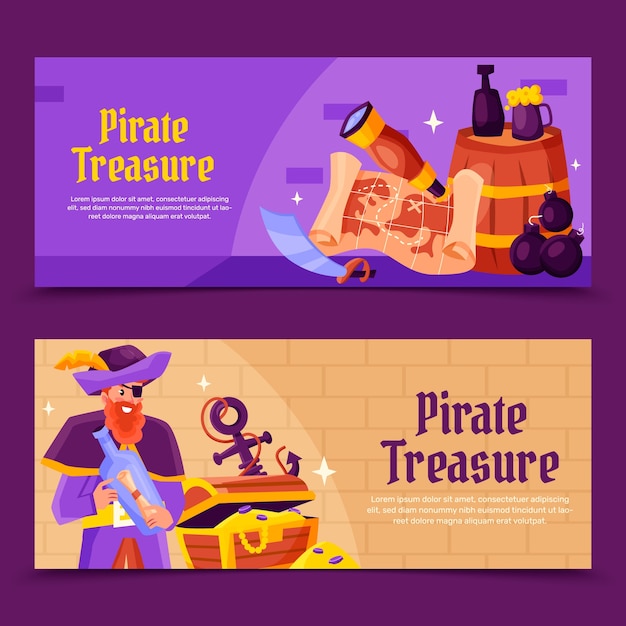 Vector banners de aventuras piratas en diseño plano.