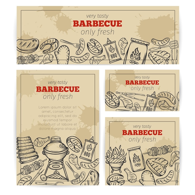 Banners de barbacoa. plantilla de fiesta de barbacoa con carne, pollo, pescado, salchichas y herramientas. ilustración de boceto dibujado a mano.