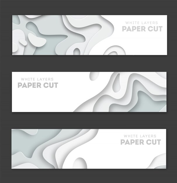 Banners blancos horizontales con fondo abstracto 3D, formas de corte de papel blanco.