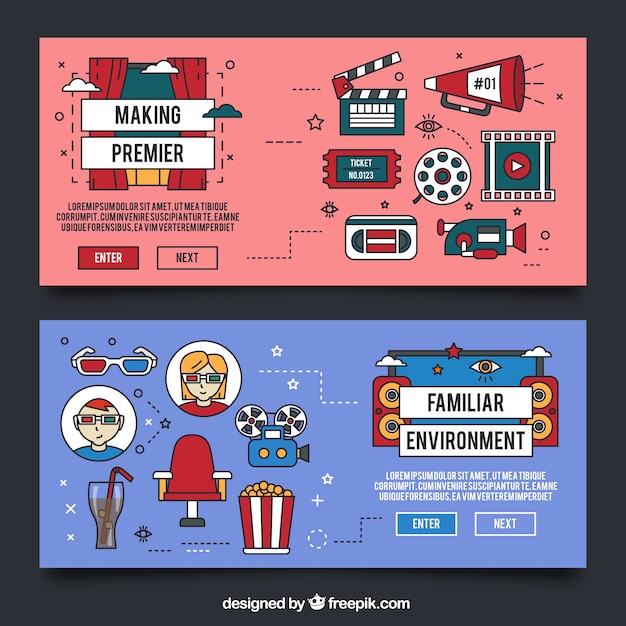 Vector banners de cine en estilo lineal