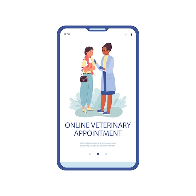 Banners de citas veterinarias en línea para la ilustración de vector de pantalla de incorporación