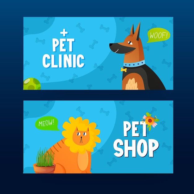 Vector banners para clínica de mascotas o tienda con un perro y un gato