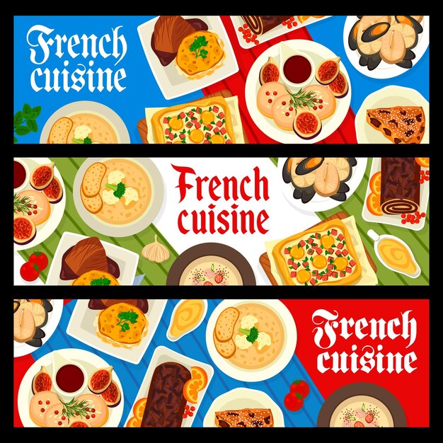 Vector banners de cocina francesa platos de comida gourmet de francia