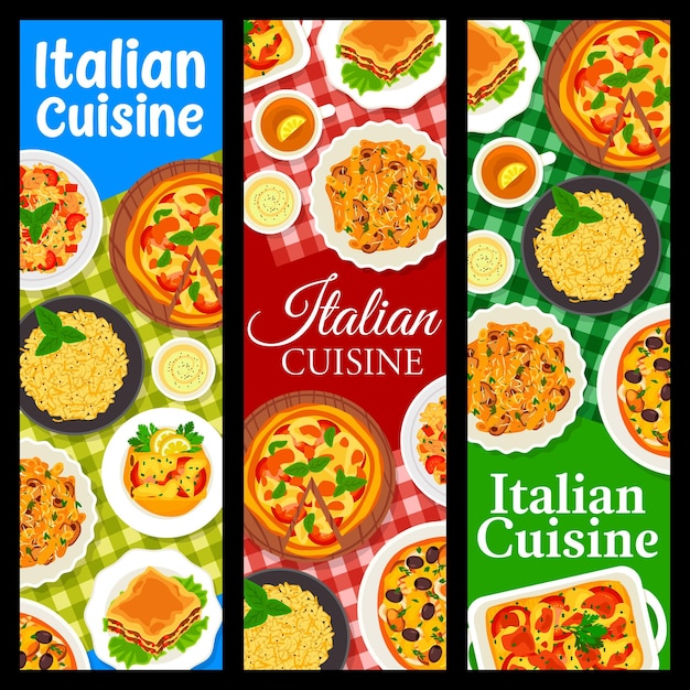 Vector banners de cocina italiana pasta pizza y risotto