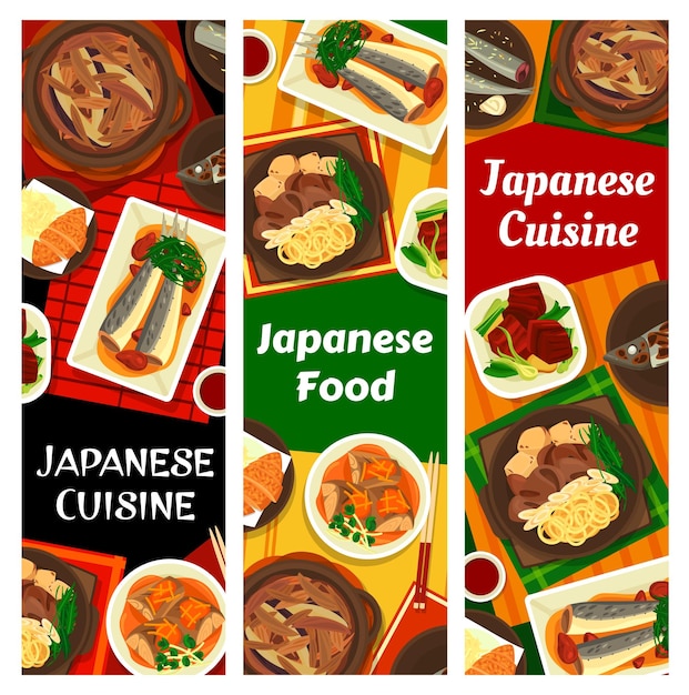 Banners de cocina japonesa platos de comida asiática de japón