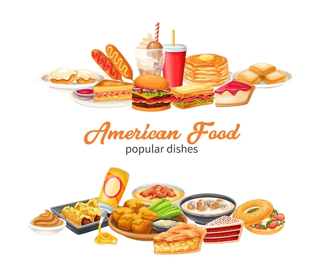 Banners de comida americana. pastel de terciopelo rojo, sémola, sándwich de monte cristo, panqueques, arce y queso en aerosol. vector de perro de maíz, sopa de almejas, galletas y salsa, tarta de manzana, blt, sándwich y alas de búfalo.