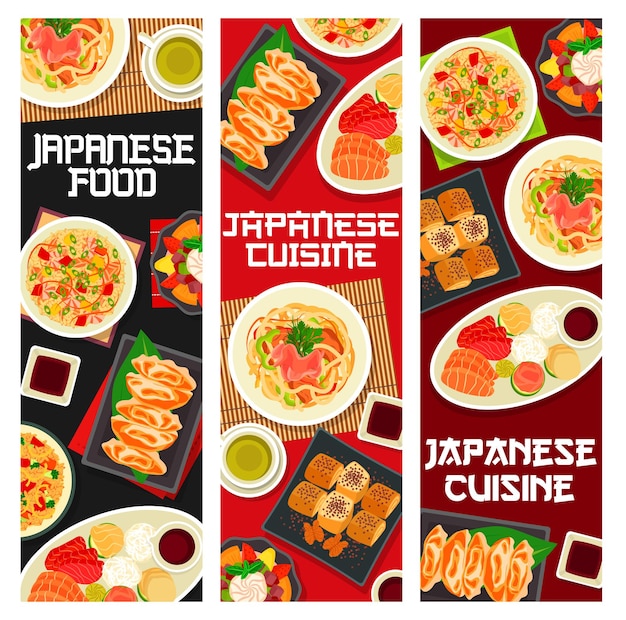 Banners de comida de cocina japonesa, platos y comidas asiáticas, menú de restaurante de vector. Tazones de comida tradicional japonesa para el almuerzo y la comida de fideos udon, arroz con mariscos y rollos de tortilla con anguila y té matcha