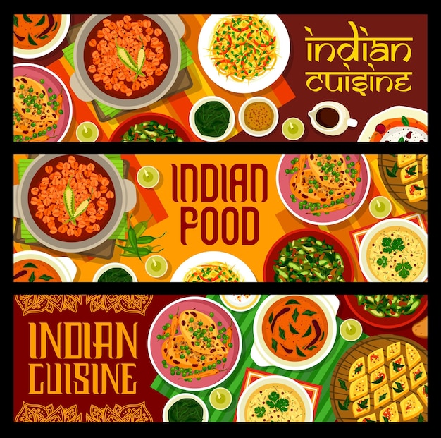 Vector banners de comida de especias indias con plato de cocina asiática