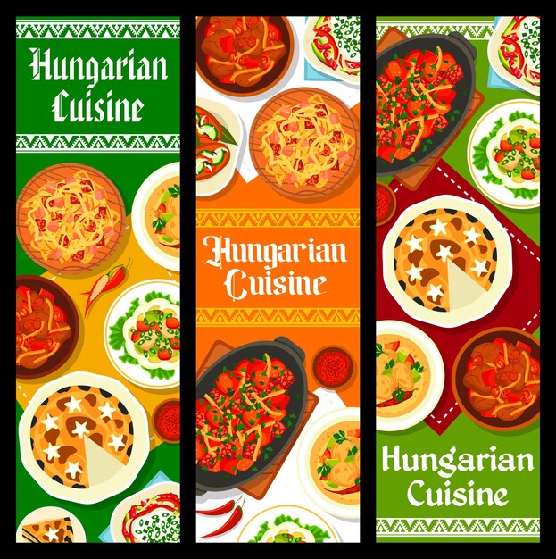 Banners de comidas de carne y verduras de cocina húngara.