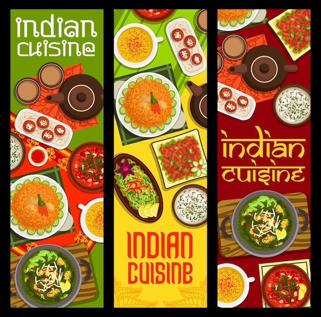 Vector banners de comidas de cocina india con comida de especias asiáticas