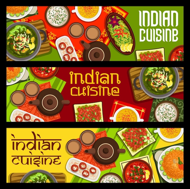 Vector banners de comidas de cocina india con platos de especias.