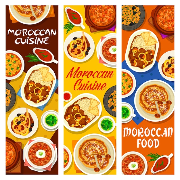 Vector banners de comidas de comida de café de cocina marroquí. sopa de pollo con tomate, tarta de higos y almendras y estofado de cordero con dátiles, cerdo con ciruelas pasas, sopa de cebada perlada y harira, pollo con conservas de limón, té de menta