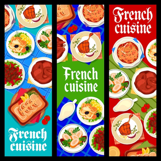 Vector banners de comidas y platos de restaurante de cocina francesa.