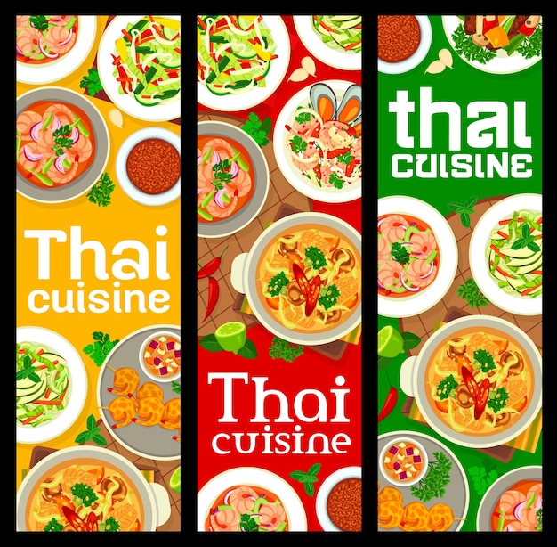 Banners de comidas y platos de restaurante de cocina tailandesa