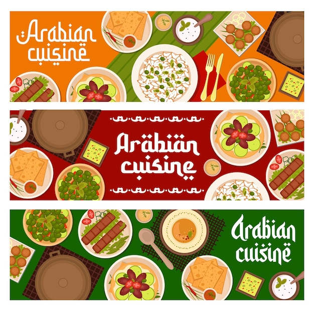 Banners de comidas de restaurante de cocina árabe. Kebab de ternera, falafel de garbanzos y hummus, arroz con cebolla verde y guisantes, matzá con salsa y aceitunas en escabeche, lahmacun de pan plano con verduras
