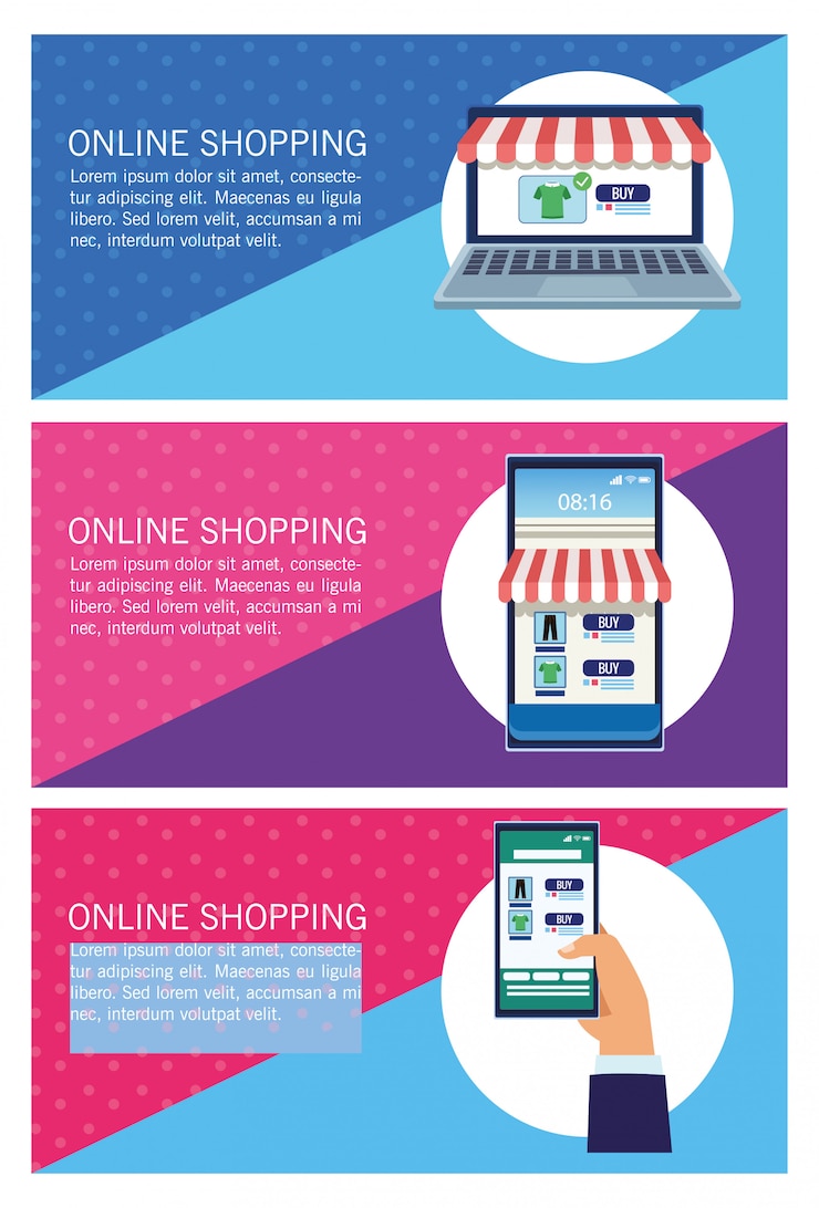 Vector banners de compras en línea con ilustración de computadora portátil y teléfonos inteligentes