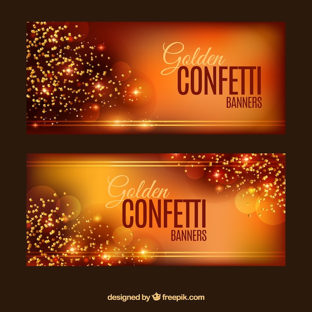 Banners de confeti dorado con efecto bokeh