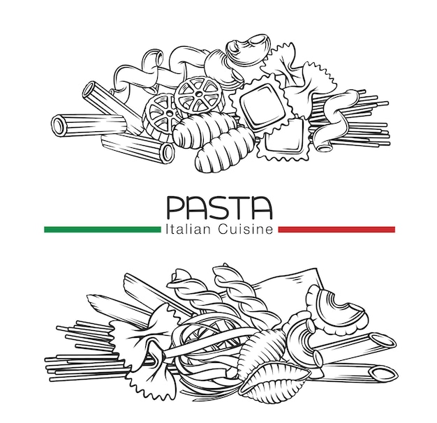 Vector banners de contorno de macarrones de pasta italiana ilustración dibujada a mano en estilo retro