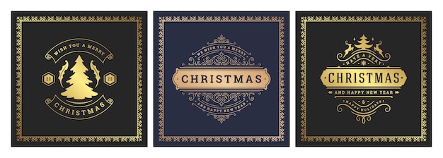 Banners cuadrados de Navidad diseño tipográfico vintage símbolos de decoración ornamentada con deseos de vacaciones