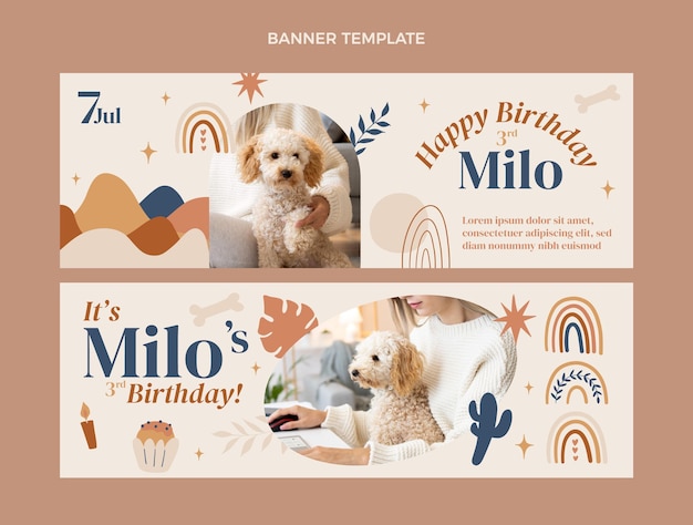 Vector banners de cumpleaños boho dibujados a mano horizontales