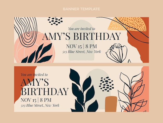 Banners de cumpleaños boho dibujados a mano horizontales