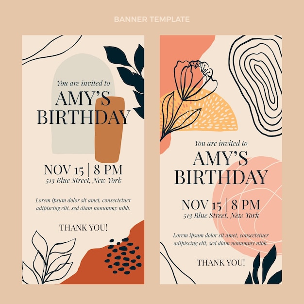 Banners de cumpleaños boho dibujados a mano verticales