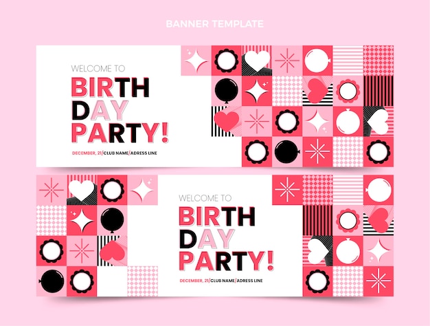 Vector banners de cumpleaños de mosaico de diseño plano horizontales