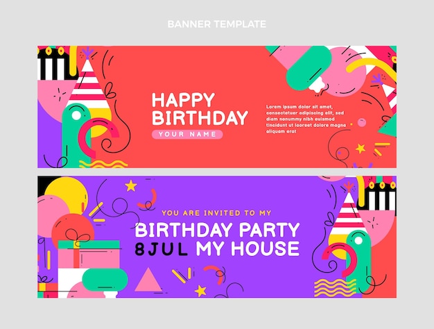 Vector banners de cumpleaños de mosaico plano horizontal