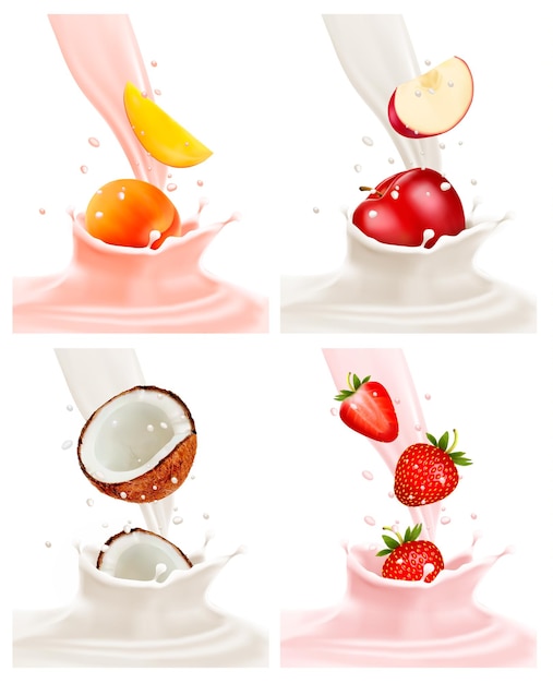 Banners con deliciosa fruta aterrizando en un chorrito de leche. Vector.