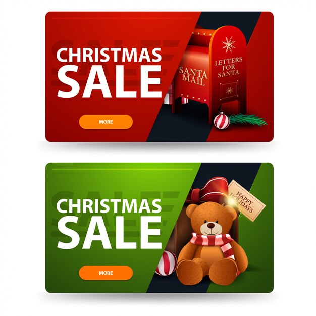Banners de descuento de Navidad rojo y verde con botones, buzón de Santa y presente con oso de peluche