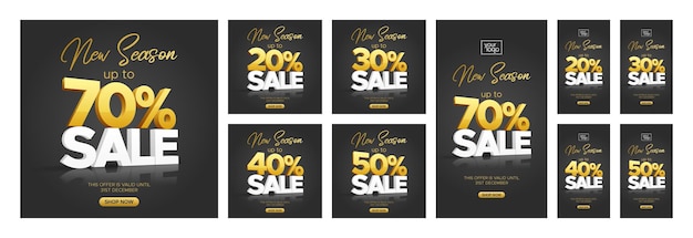 Banners de descuento de venta de nueva temporada en negro y dorado e historia de instagram para publicación en redes sociales web