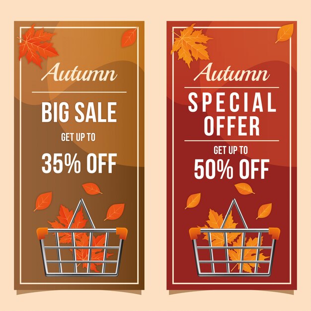 Banners de descuento de venta otoño con carro de compras y hojas